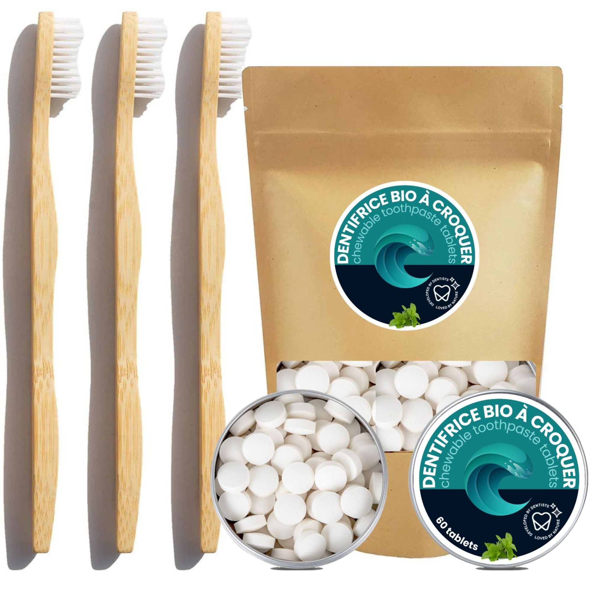 Pack 6 mois : Brosse à dents en bambou et dentifrice en pastilles