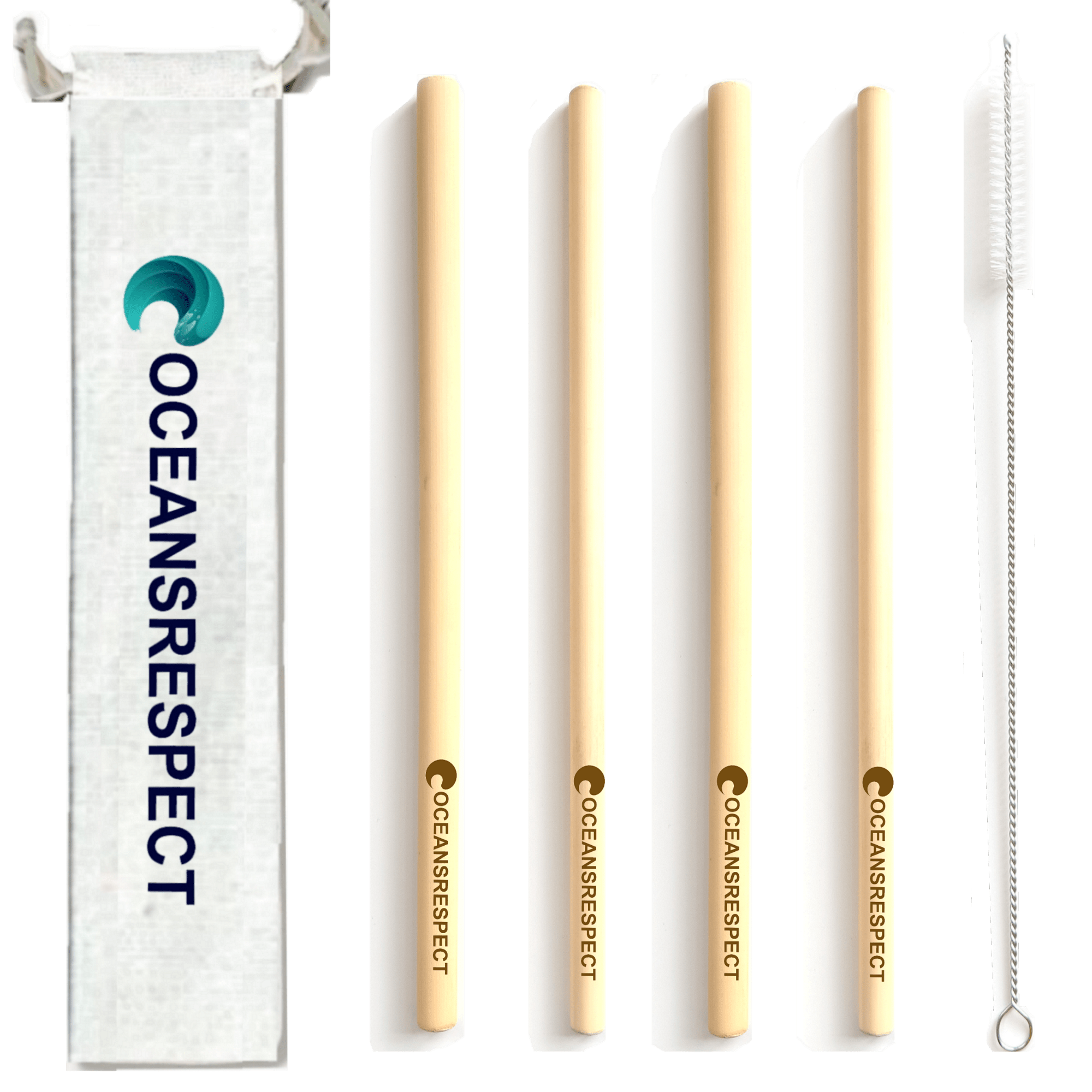 Lot de 4 pailles en bambou + pochette en coton + goupillon - Oceansrespect 🌊🌍🌱