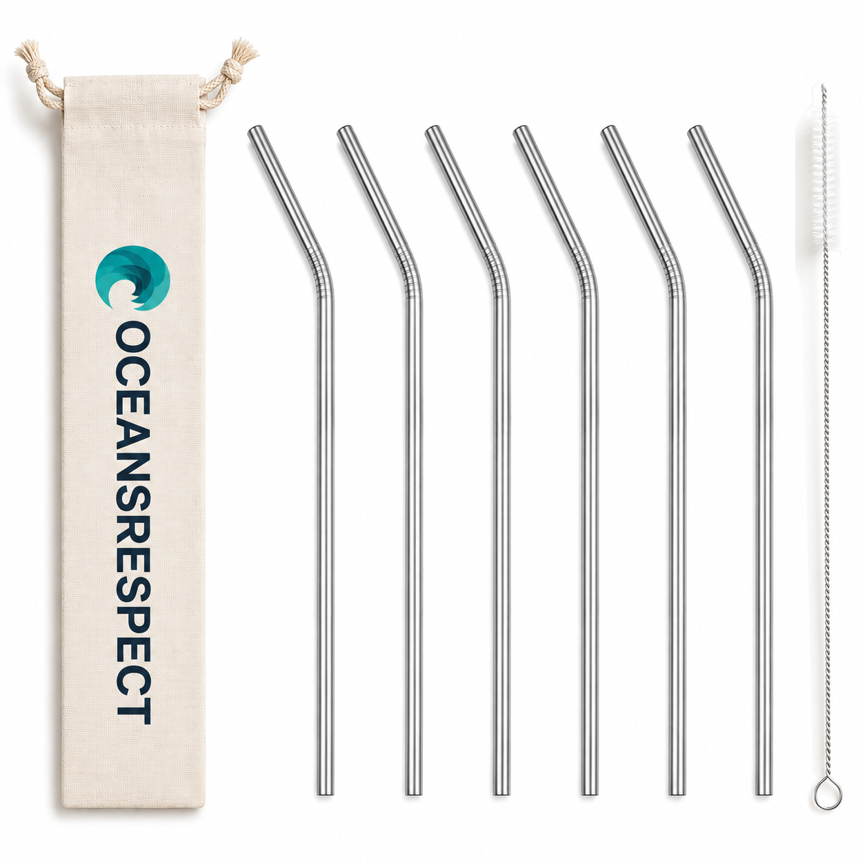Lot de 6 pailles courbées en inox + 1 goupillon + 1 pochette en coton offerte