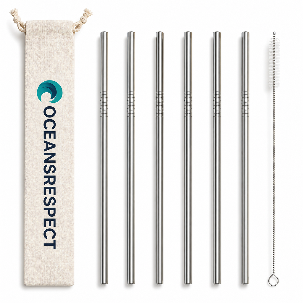 Lot de 6 pailles droites en inox + 1 goupillon + 1 pochette en coton offerte